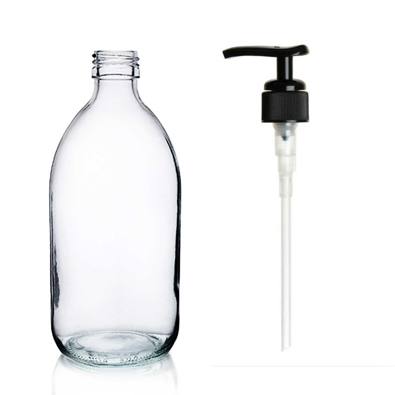 300ml CLieková Fľaška z Číreho Skla s Čiernou Plastovou Pumpičkou