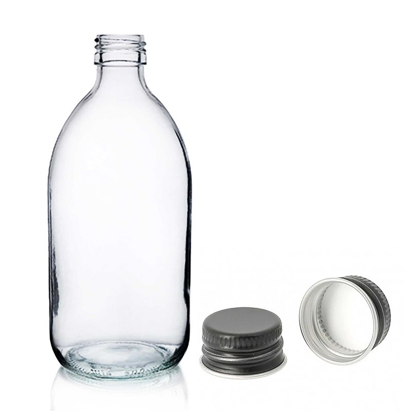 500ml Lieková Fľaška z Číreho Skla s Čiernym Hliníkovým Uzáverom