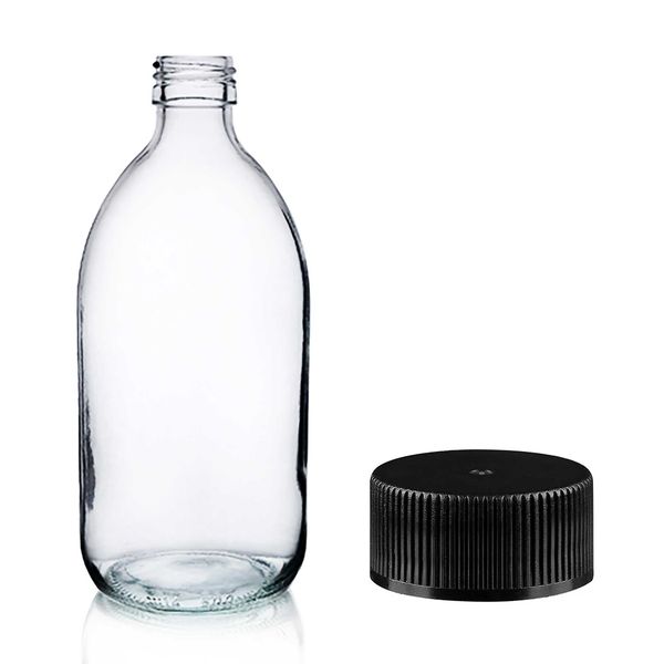 500ml Lieková Fľaška z Číreho Skla s Čiernym Plastovým Uzáverom