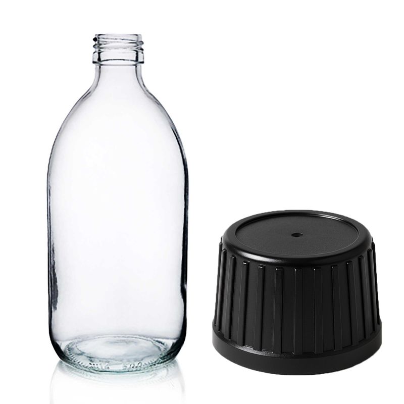 500ml Lieková Fľaška z Číreho Skla s Čiernym Uzáverom