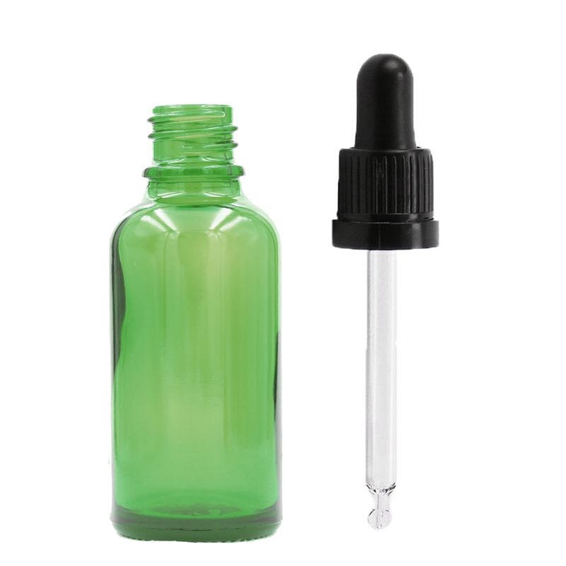 30ml Zelená Sklenená Fľaška s Kvapkadlom s Čiernou T/E Pipetou