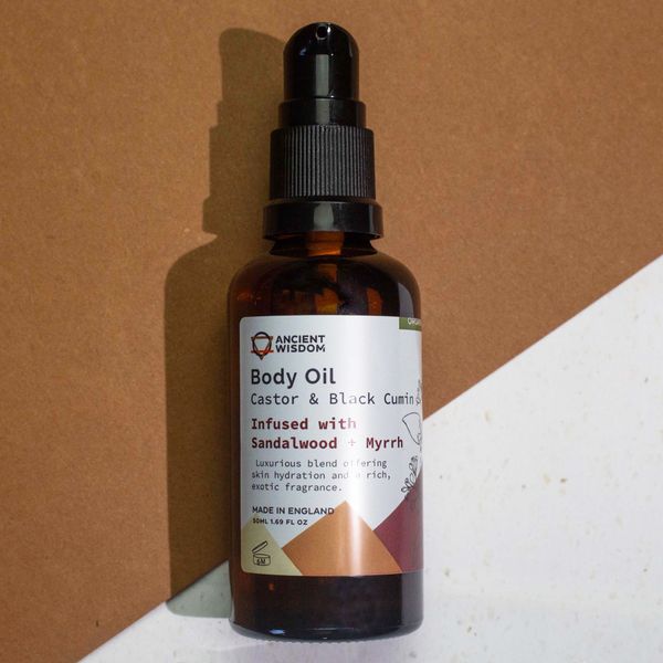 Organický Telový Olej 50ml - Santalové Drevo a Myrha