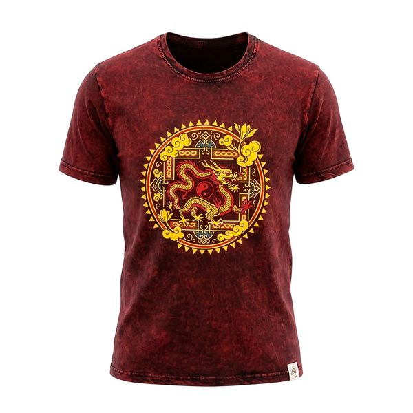 Stone Wash Tričko - Mandala s Drakom - Bordové - S