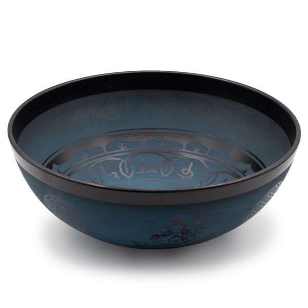 Veľká hliníková spievajúca miska - tibetský dizajn dvojitého Dorjy - modrá (27 cm)