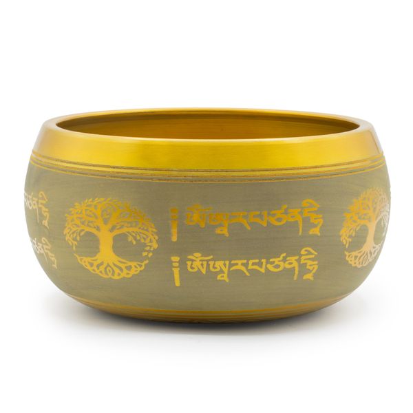 Veľká hliníková spievajúca miska - Buddha strom života - meďová farba (19 cm)