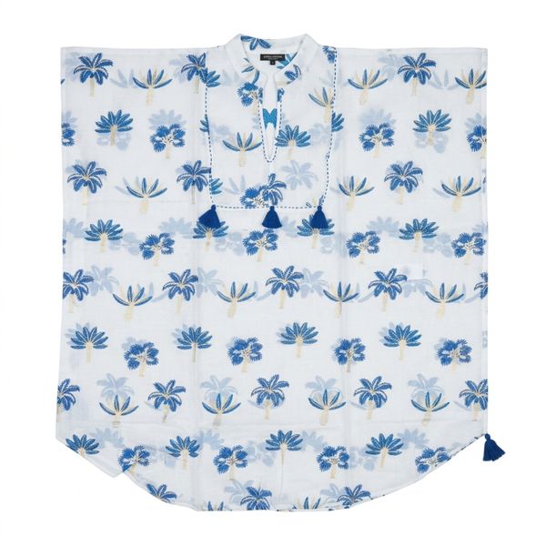 Nomad Sari na platforme Medium Kolekcie - Kaftan - krémová s modrou výšivkou a strapcami