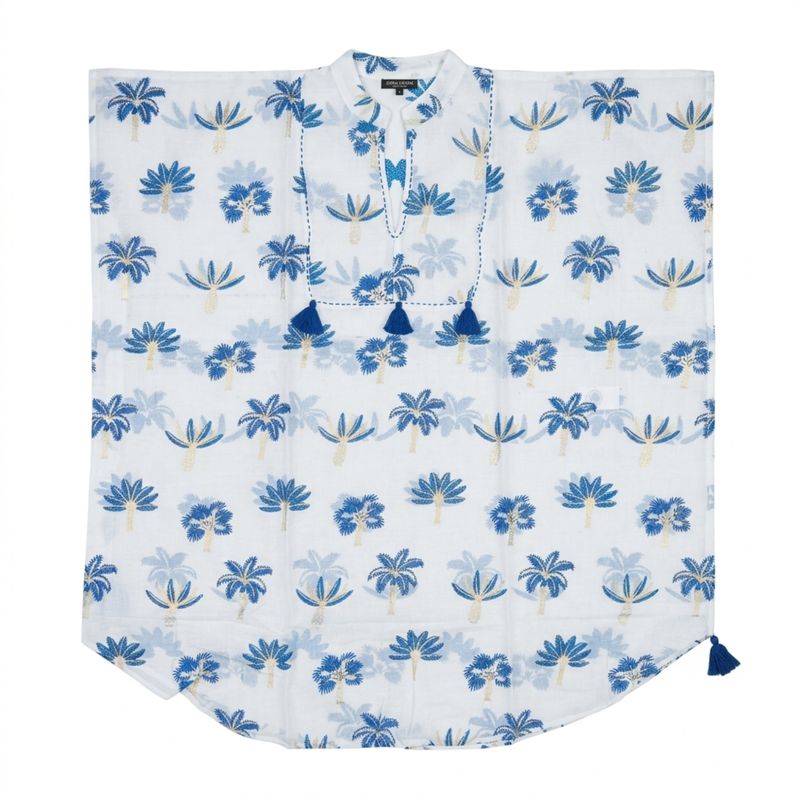 Nomad Sari na platforme Medium Kolekcie - Kaftan - krémová s modrou výšivkou a strapcami