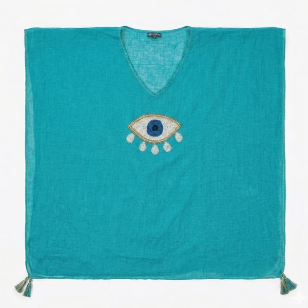 Nomad Sari na platforme Medium Kolekcie - Kaftan - Tyrkysová s zlatou a bielou veľké zlé oko