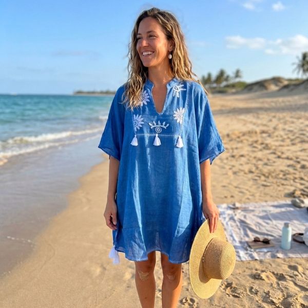 Nomad Sari na platforme Medium Kolekcie - kaftan - modrý s krémovou výšivkou a strapcami