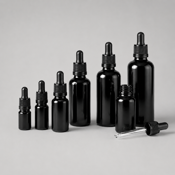 Veľkoobchodné Čierne Sklenené Kvapkacie Fľašky s Čiernym Kvapkadlom - 5ml až 100ml