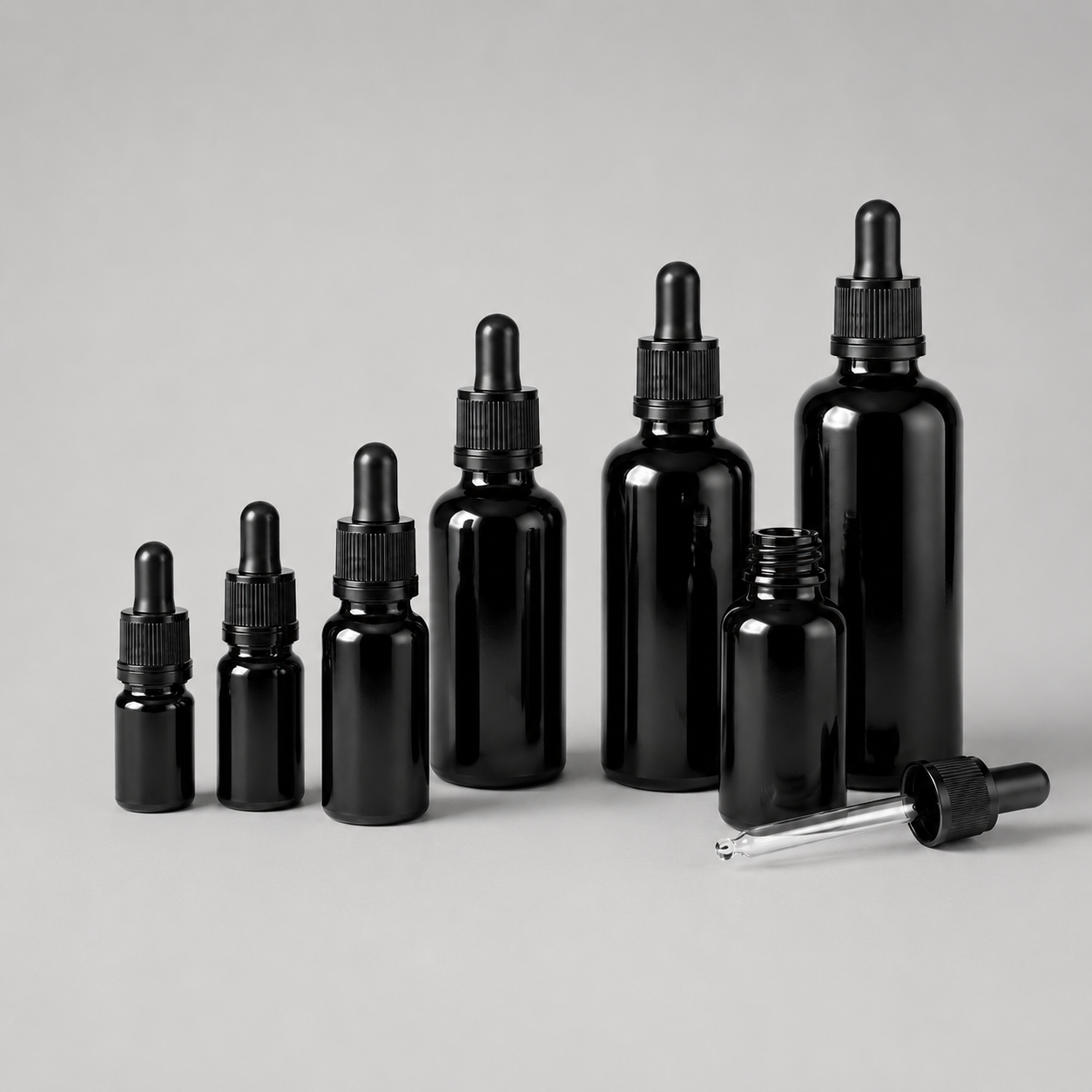 Veľkoobchodné Čierne Sklenené Kvapkacie Fľašky s Čiernym Kvapkadlom - 5ml až 100ml