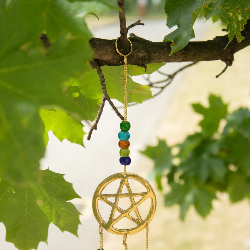 Indické zvončeky - mosadzový trojpentagram - 7 zvonov - 9,5 × 32 cm