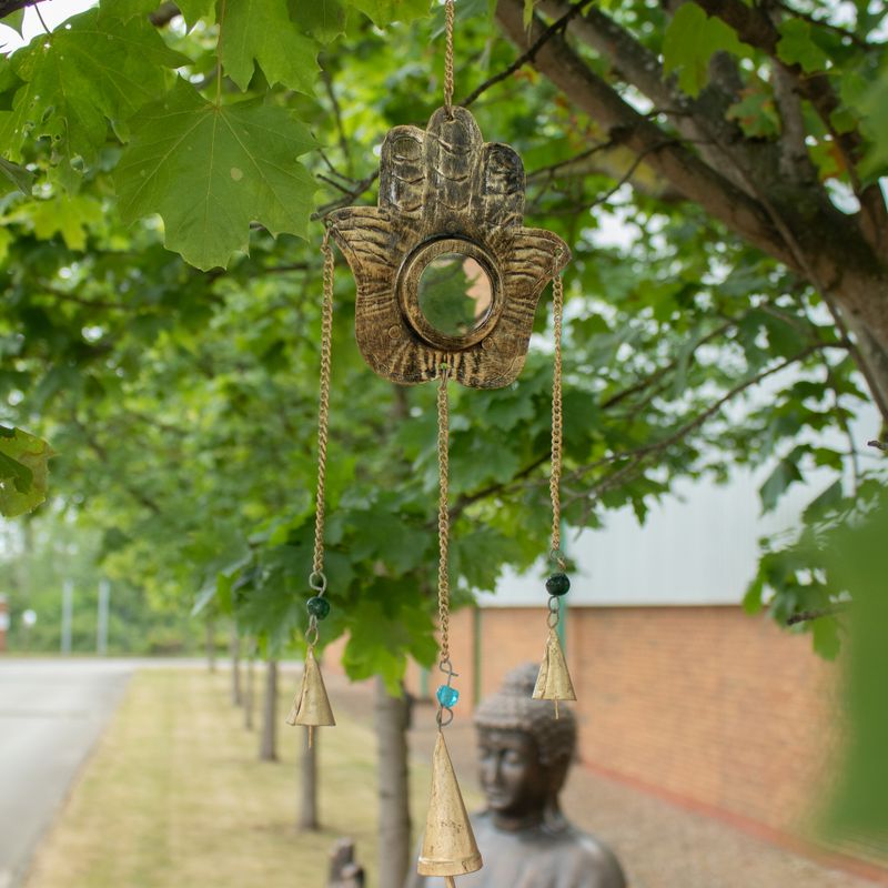 Indické zvončeky - Hamsa malé zrkadlo - 3 zvončeky - 14x55cm
