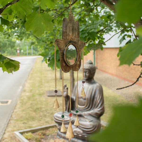 Indická Zvonkohra - Veľká Hamsa Zrkadlo 5 Zvončekov - 19x65cm
