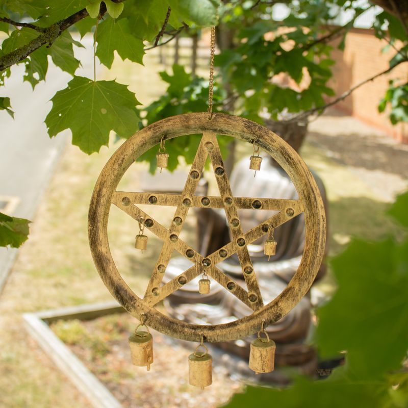 Indické zvončeky - železný pentagram so kravskými zvonmi - 25x49cm