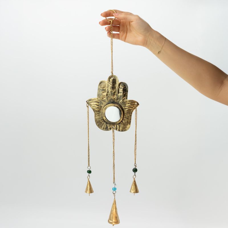 Indické zvončeky - Hamsa malé zrkadlo - 3 zvončeky - 14x55cm