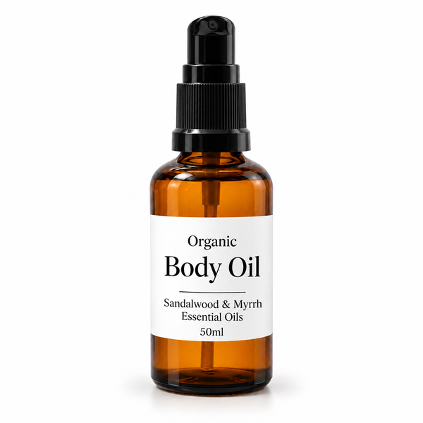 Organický Telový Olej 50ml - Santalové Drevo a Myrha - Bez Etikety