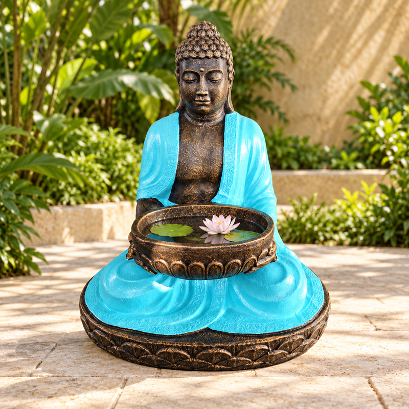 Veľký sediaci Budha s miskou, tyrkysová a kameň, 80 cm