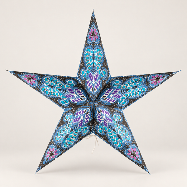 Papierové tienidlo na lampu v tvare hviezdy - Purple & Teal Peacock - päťcípe - 60 cm