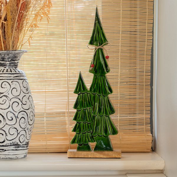 Stratený v Lese - Drevená 3D Dekorácia Veľké Smaltované Dvojičky Stromy - (45x15x2,5cm)