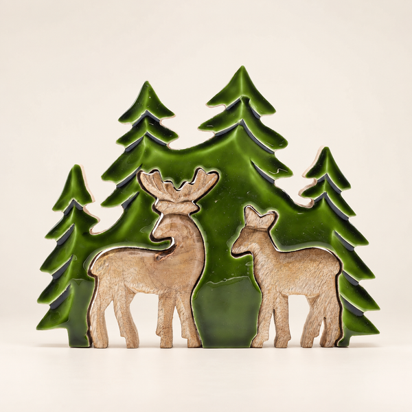 Stratený v Lese - Drevená 3D Dekorácia Dva Jelene v Lese - 18x23cm