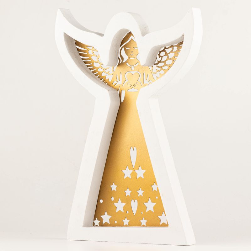 Anjel z mangového dreva – bielený s vyrezávanou železnou dekoráciou – 39 cm