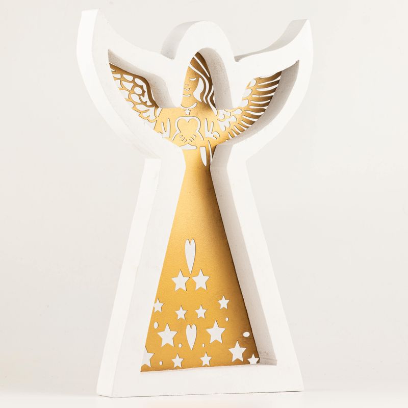 Anjel z mangového dreva – bielený s vyrezávanou železnou dekoráciou – 39 cm