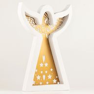 Anjel z mangového dreva – bielený s vyrezávanou železnou dekoráciou – 39 cm