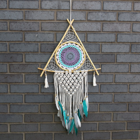 Ochranný Lapač Snov - Veľký - Macramé -  Pyramída Biela/ Tyrkysová