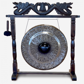 Veľký Gong s Hnedým Antickým Stojanom - 80cm - Čierny - Vzorovaný