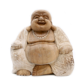 Ručne Vyrezávaná Socha Budhu - 30cm Šťastný - Biela Vymývaná