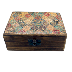 Stredná Drevená Krabička s Keramickou Glazúrou - 15 x 10 x 6 cm - Orientálny Vzor