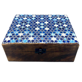 Veľká Drevená Krabička s Keramickou Glazúrou - 20x15x7.5cm - Modré Hviezdy
