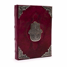 Červený Zápisník z Hrubej Kože – Zinkový Dekor Hamsa – 200 Strán  s Ozdobným Okrajom – 26 x 18 cm
