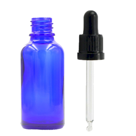 88x 50ml Modrá Sklenená Fľaška s Kvapkadlom s Čiernou T/E Pipetou