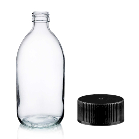 30x 500ml Lieková Fľaška z Číreho Skla s Čiernym Plastovým Uzáverom