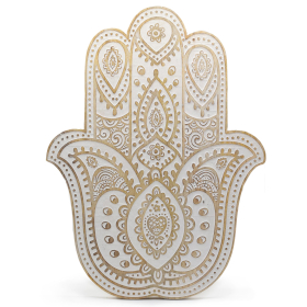 Nástenná Dekorácia Hamsa z Mangového Dreva – Biela Vymývaná – 52 cm