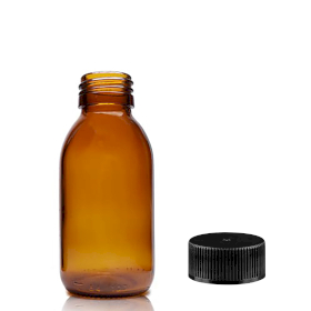 70x 100ml Fľaška z Jantárového Skla s Čiernym Plastovým Uzáverom