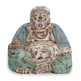 Vintage Modrá Mätová Ručne Vyrezávaná Socha Budhu - 30 cm - Šťastný Budha