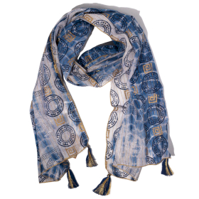 Nomad Sari - Letná Šatka -  180x50cm -  Potlač Marbella - Modrá so Zlatým Lemom