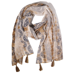 Nomad Sari - Letná Šatka -  180x50cm - Potlač Marbella - Hnedá so Zlatým Lemom
